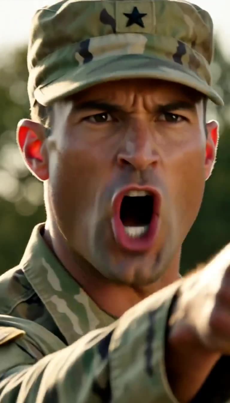 Close-up of a male soldier in camouflage cap shouting angrily while pointing forward
