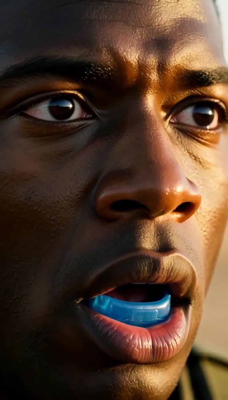Extreme close-up of a soldier wearing a blue mouthguard with a stunned, wide-eyed expression in golden light