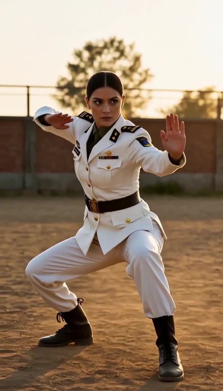 Female sergeant in white uniform in combat stance