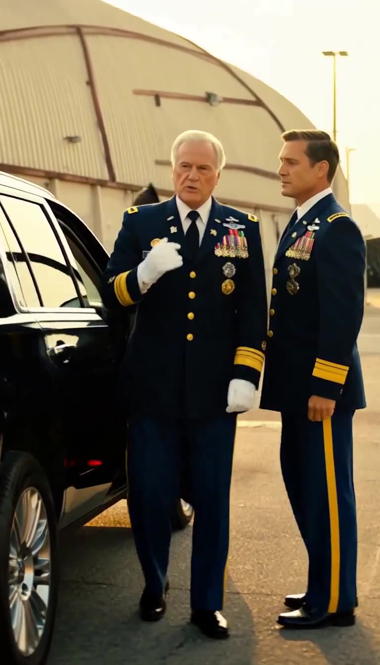 Two senior officers in dark dress uniforms standing beside an open-door black SUV near a hangar
