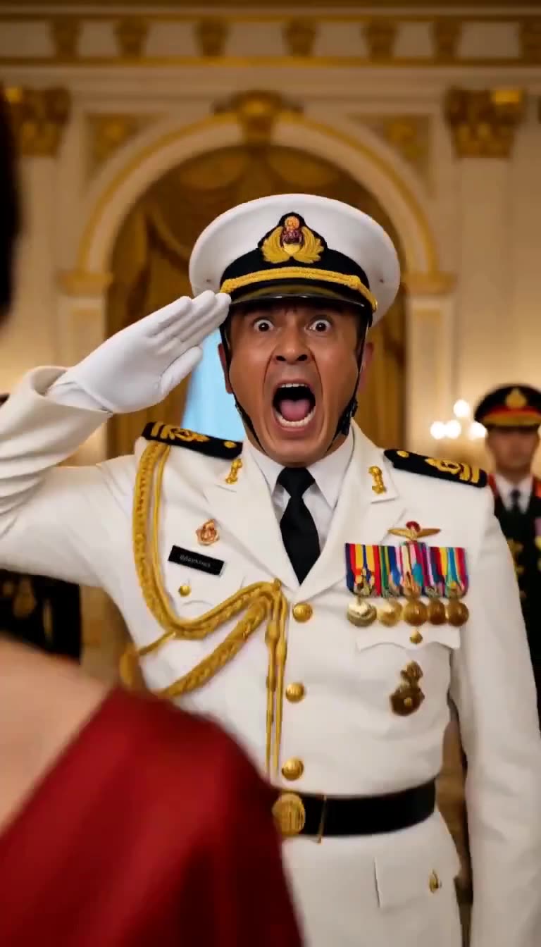 Uniformed officer in white dress uniform giving a sharp salute with a shocked, wide-eyed expression