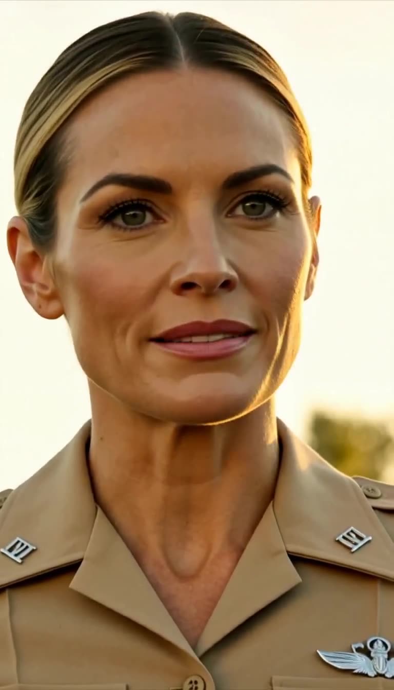 Close-up of a calm fictional female officer in tan uniform staring directly forward with steady authority