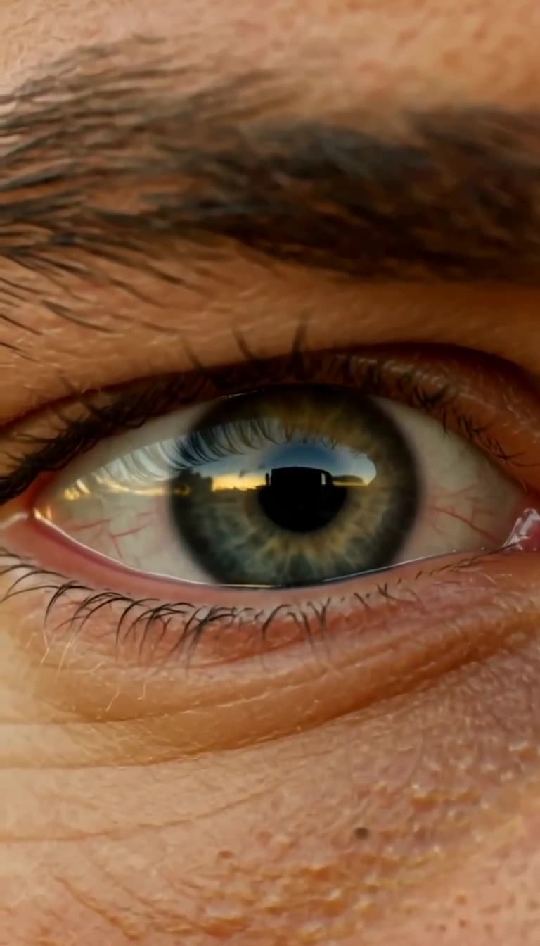 Extreme macro close-up of a man's wide eye showing fear and sunlight reflection