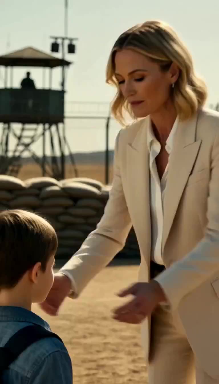 Woman in beige blazer bending down to comfort young boy near sandbags and watchtower