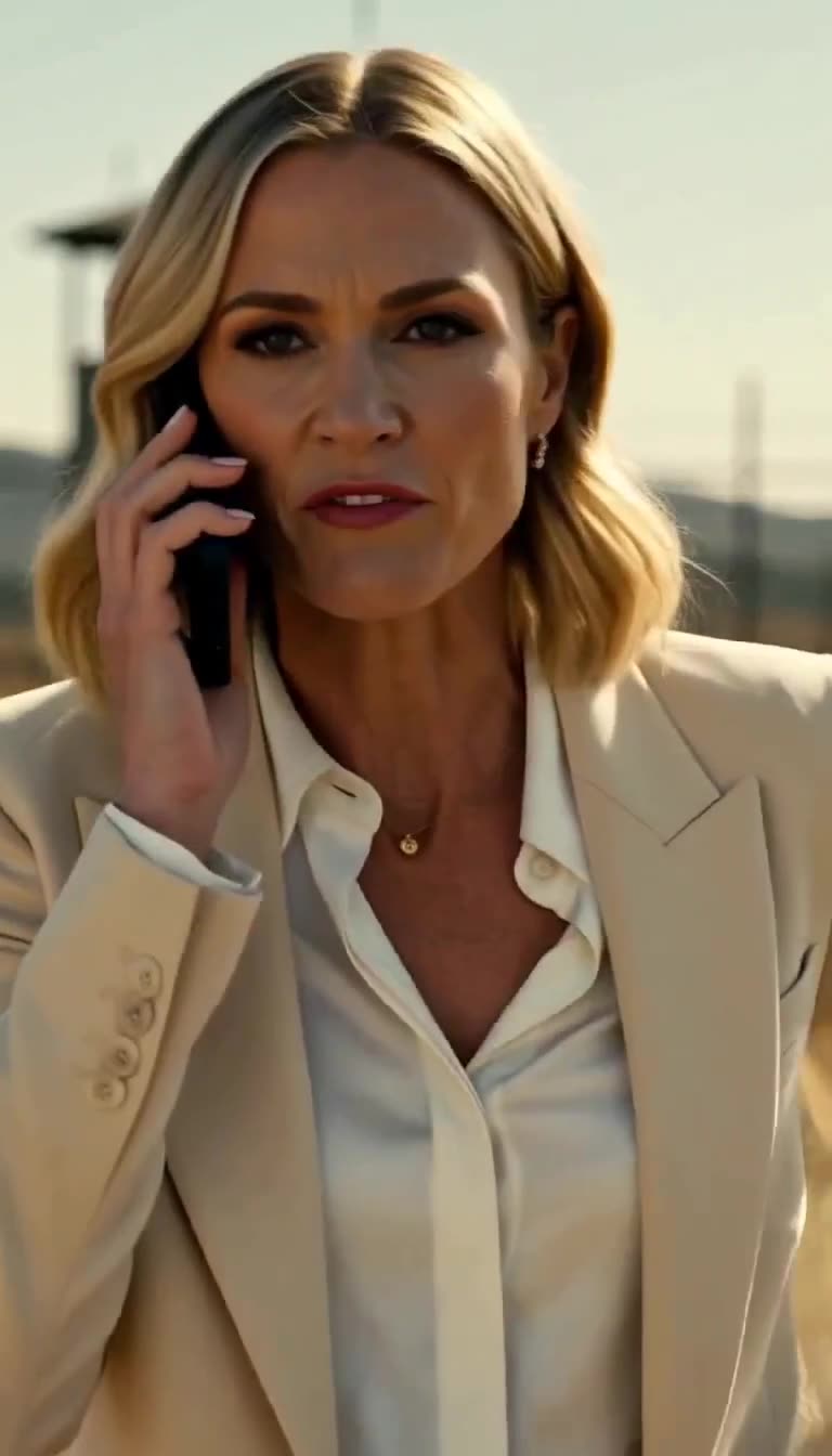 Close-up of blonde woman in beige blazer making a serious phone call outdoors