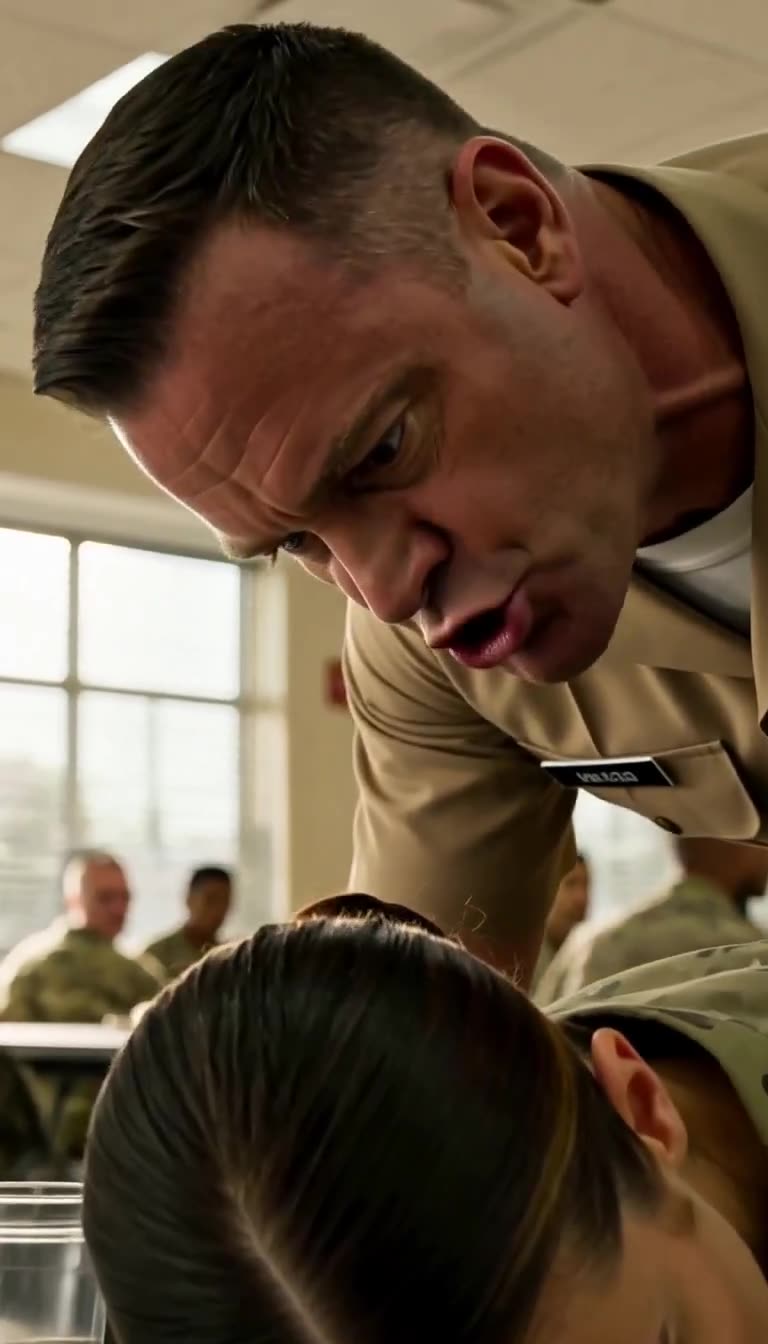 A major in a tan service uniform leaning over the soldier and shouting down at her in a bright military mess hall