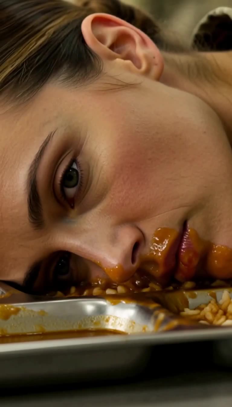 Extreme close-up of the soldier's face smeared with brown gravy and rice as she lies in the metal tray