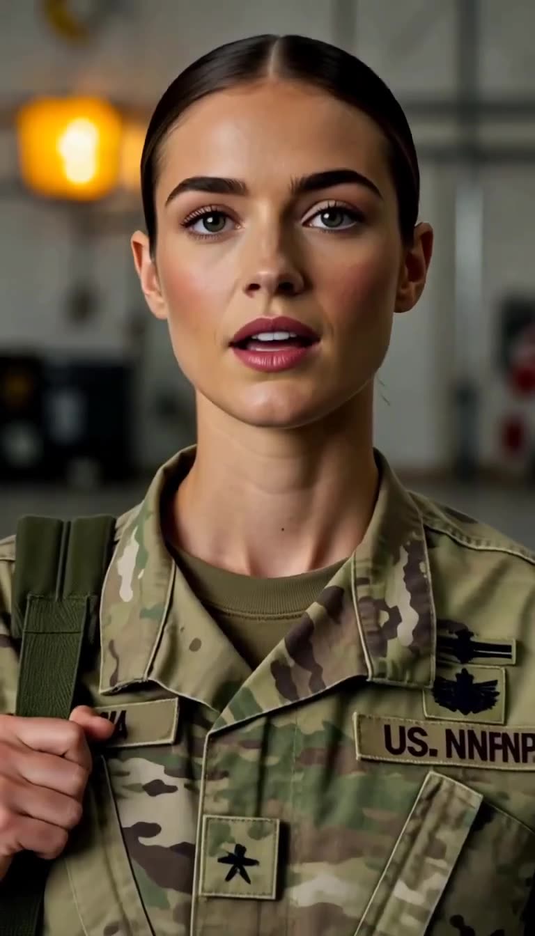 Close-up of a young female specialist in camouflage uniform holding a bag strap and speaking calmly