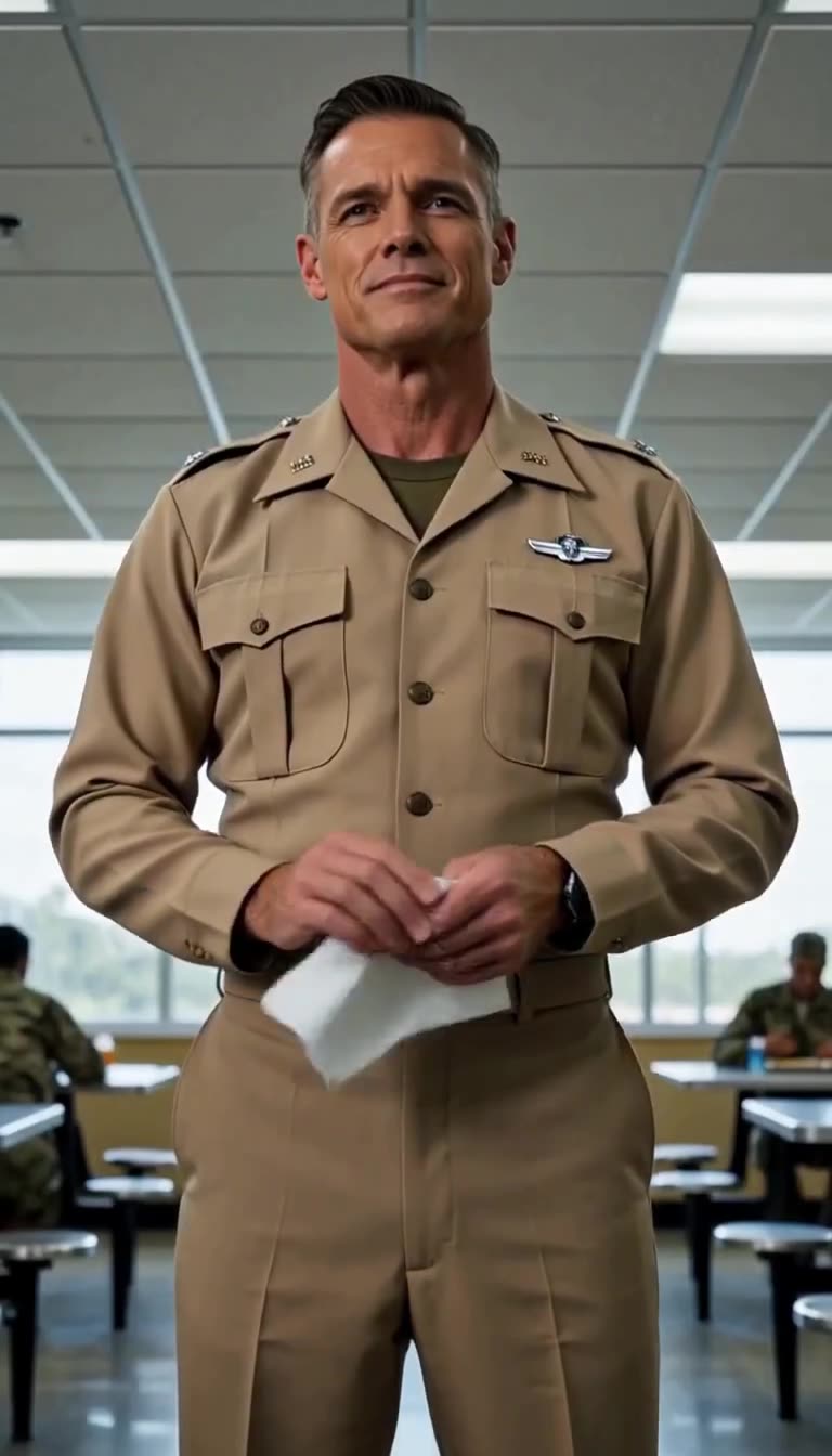 Fictional major in tan service uniform holding a white napkin with both hands, standing with a smug expression in a bright dining facility