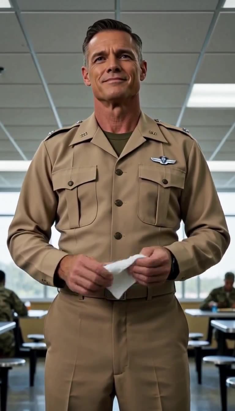 Same fictional major slightly unfolding the white napkin, maintaining a triumphant stare with blurred recruits eating at tables behind him