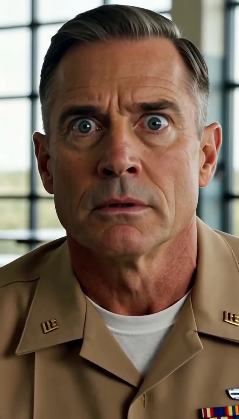 Extreme close-up of a fictional older major in a tan service uniform staring with wide-eyed shock and open mouth