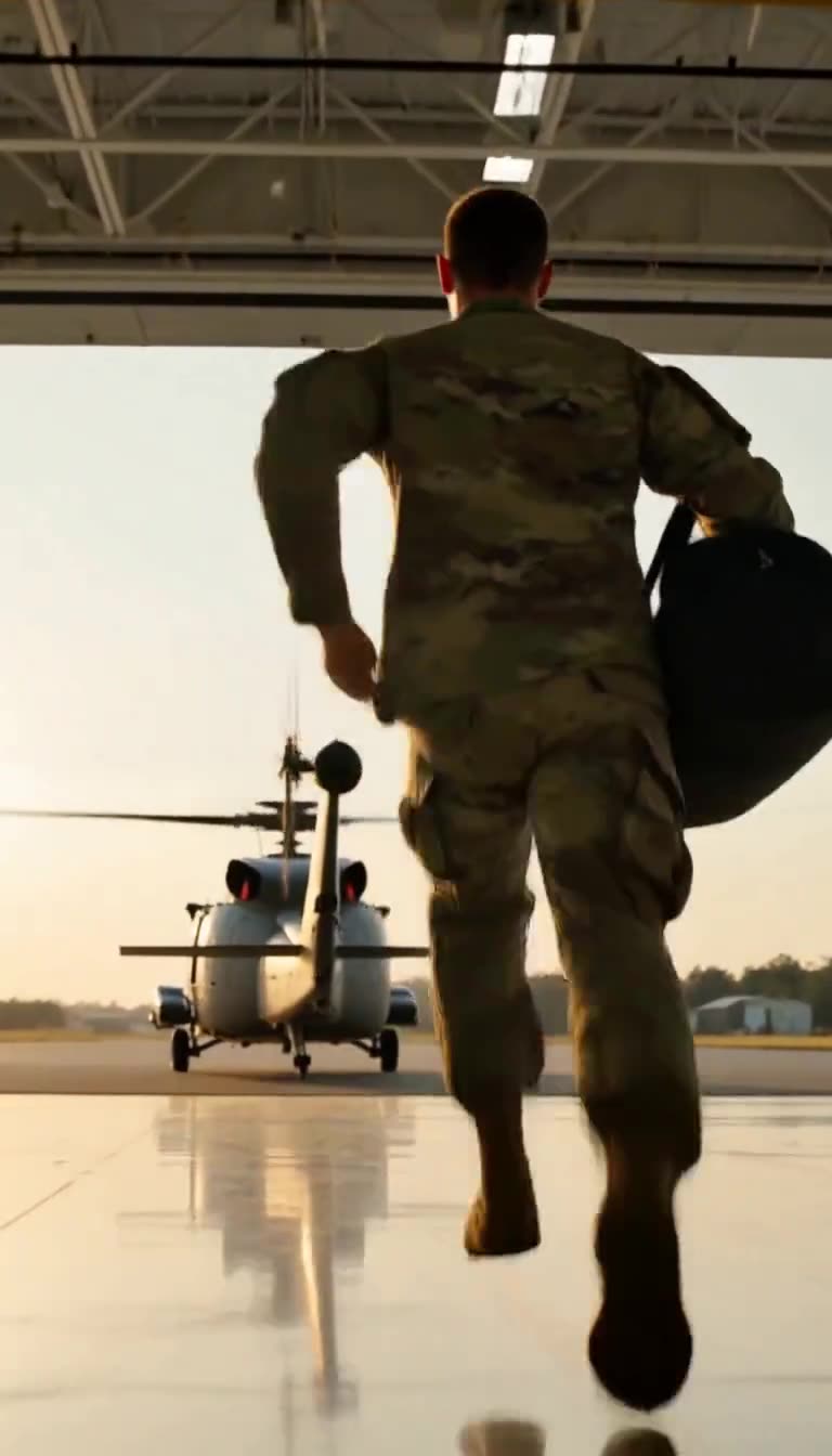 Soldier in camouflage continuing to sprint toward the helicopter with the black bag, viewed from behind in the hangar doorway