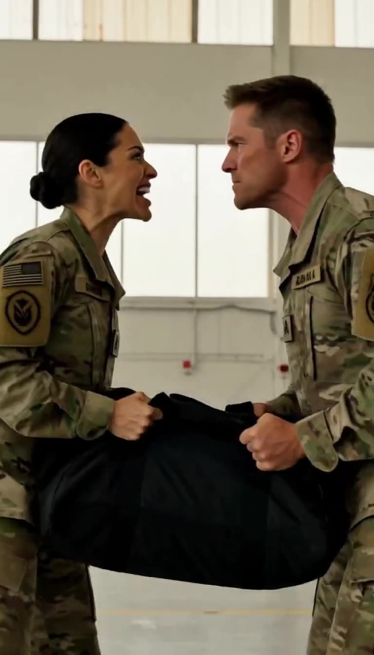 Female major and male sergeant in camouflage uniforms shouting face to face while pulling opposite ends of a black duffel bag