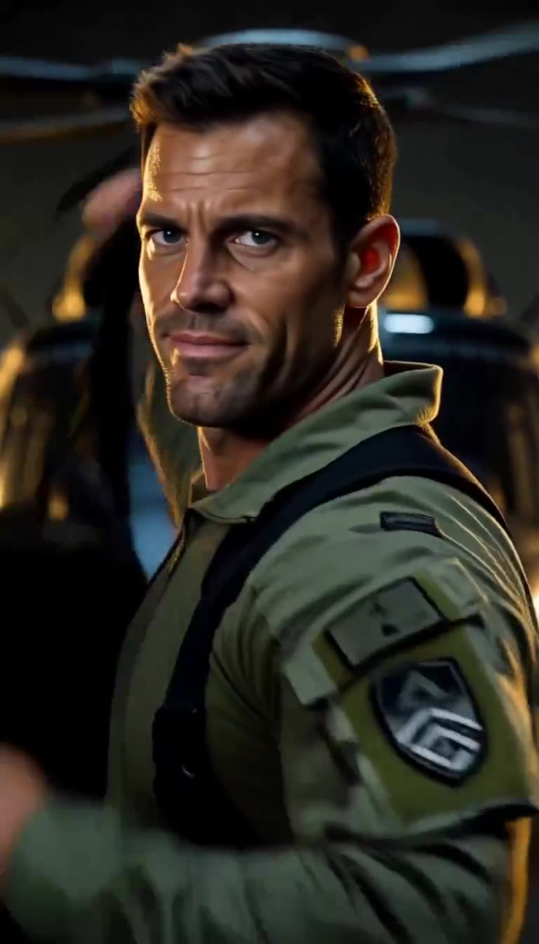 The same fictional sergeant turns with a tense smirk, sergeant insignia visible on his sleeve.