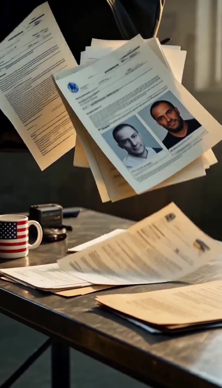 Classified papers with portrait photos swirl in slow motion above a metal desk next to a U.S. flag mug.