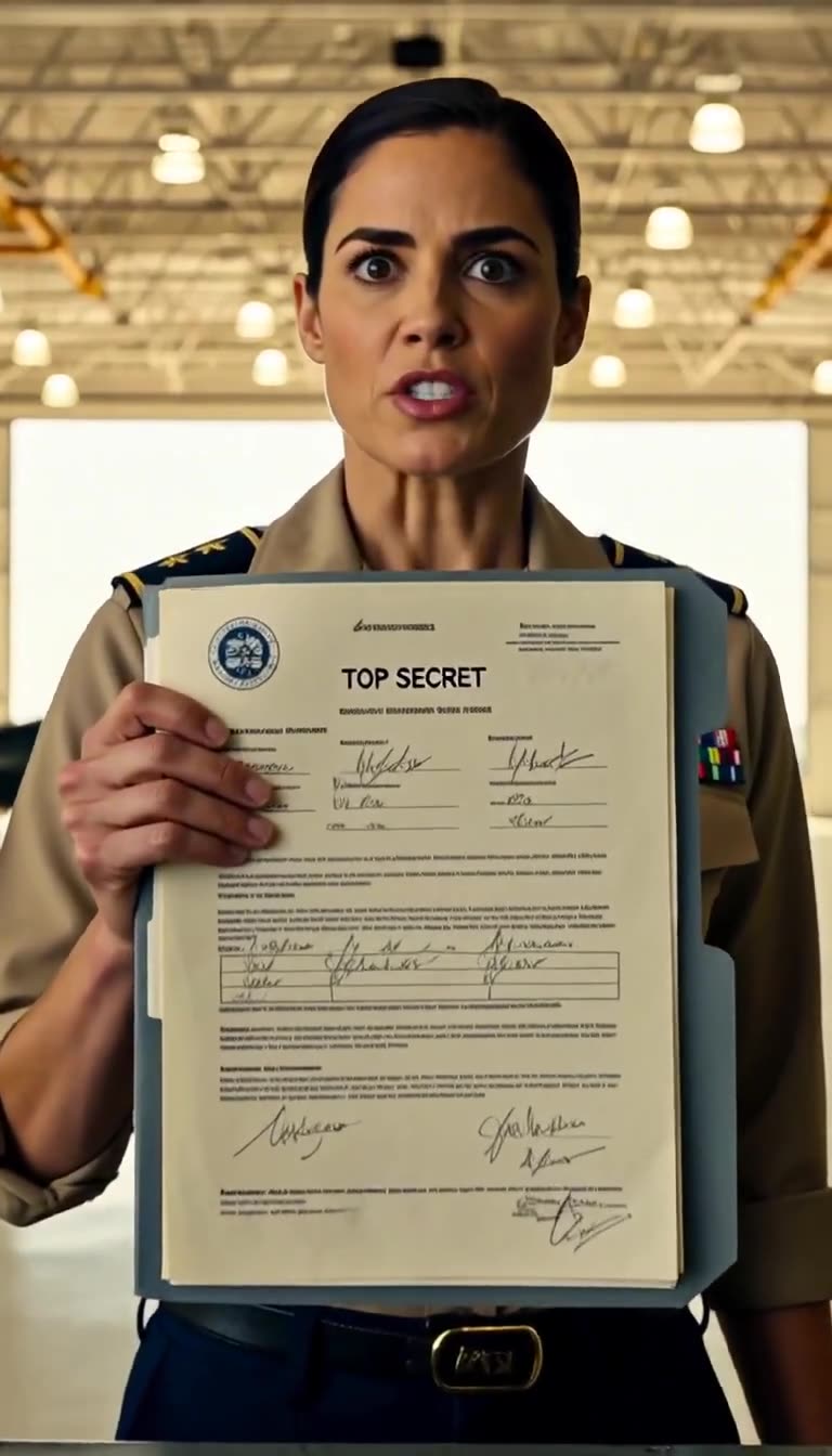 Close view of the officer holding a TOP SECRET document with seal and signatures, staring in disbelief