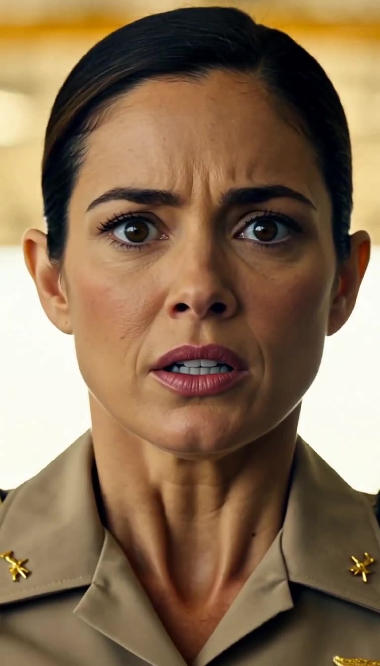 Extreme close-up of the officer's tense, horrified face under bright white and warm hangar light