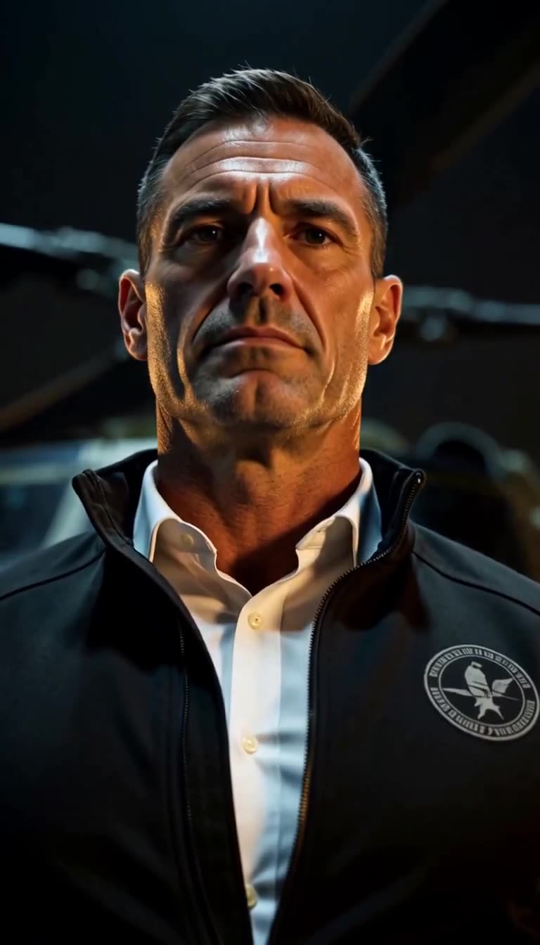 Close-up of the commander's stern face under harsh overhead lighting with helicopter blurred behind