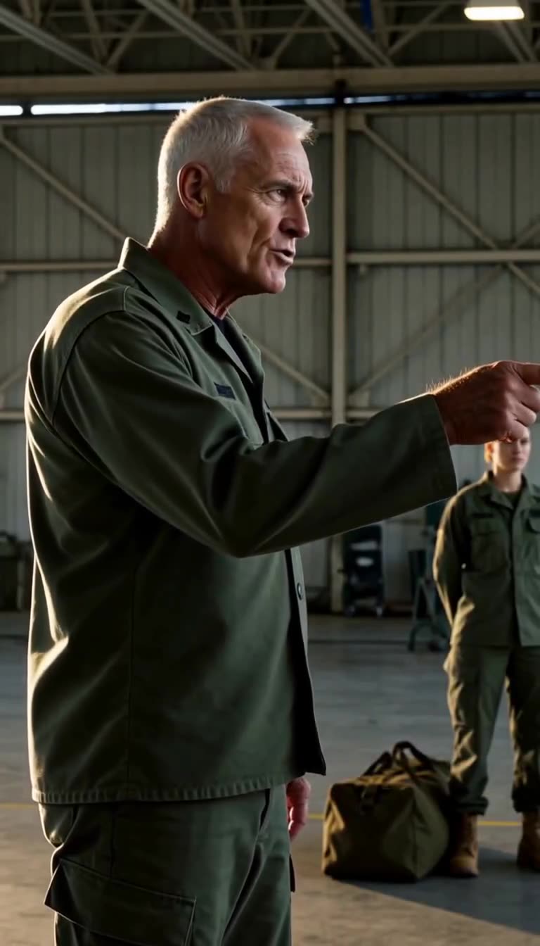 Same sergeant continuing to point and speak in the hangar with the female soldier standing motionless in the background near her bag