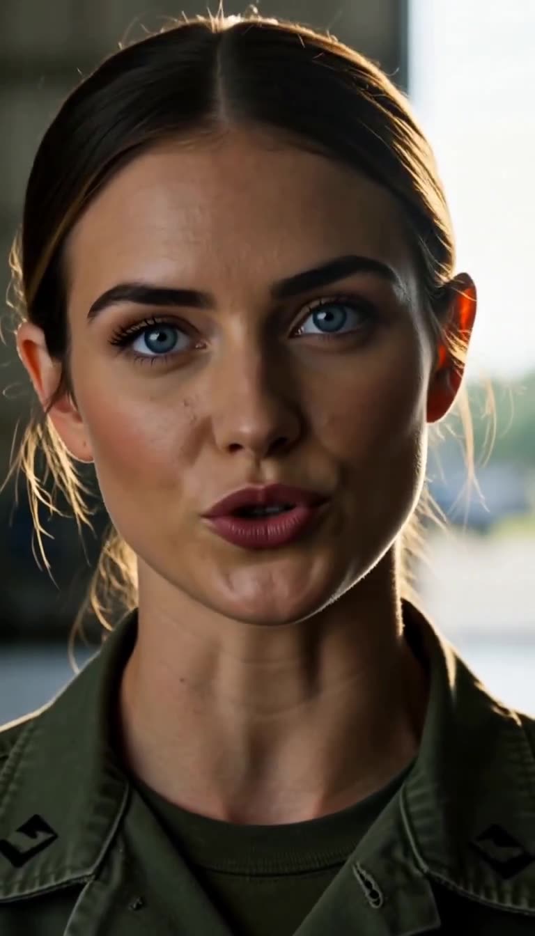 Close-up of the young female soldier with blue eyes and pulled-back brown hair in military uniform speaking calmly