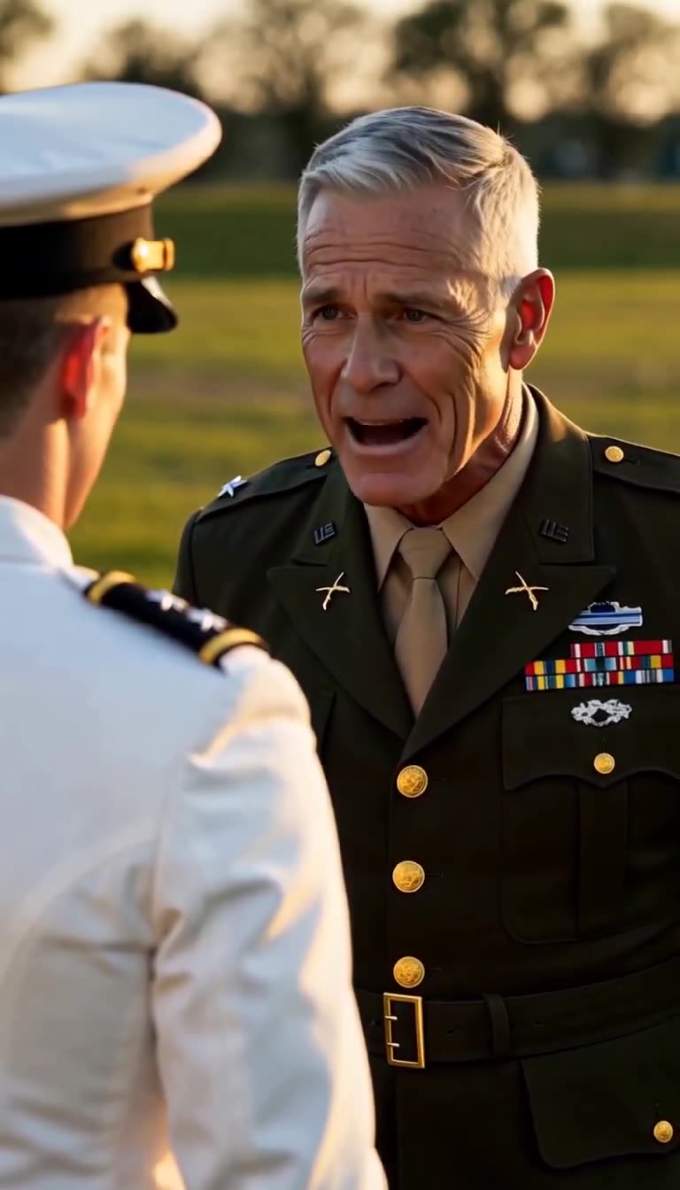 Close view of the senior sergeant speaking forcefully with mouth open and stern expression during the confrontation