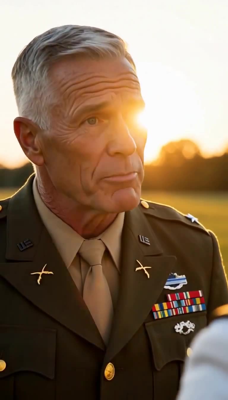 Tight close-up of the senior sergeant staring silently with intense expression as sun flares behind him