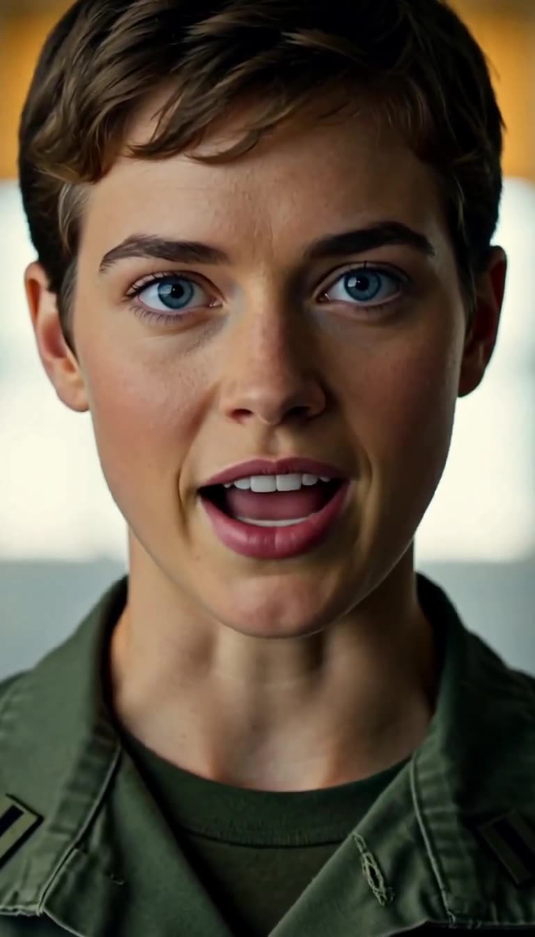Same fictional soldier mid-speech with mouth open delivering her line to the sergeant