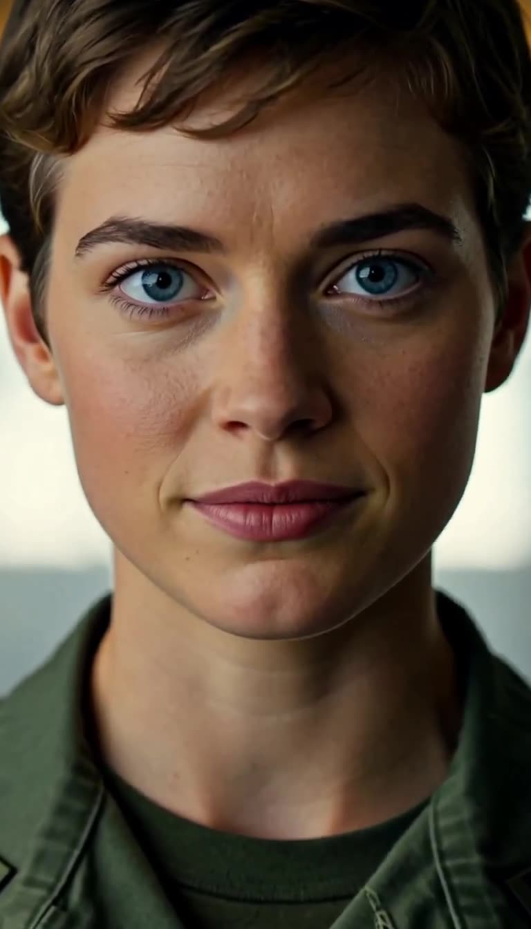 Same fictional soldier with chin slightly lifted and calm, firm expression holding a challenging gaze