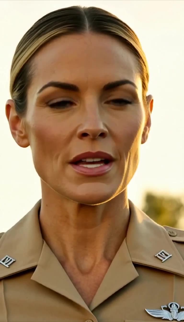 Close-up of a blonde servicewoman in a tan uniform with collar insignia speaking in bright daylight