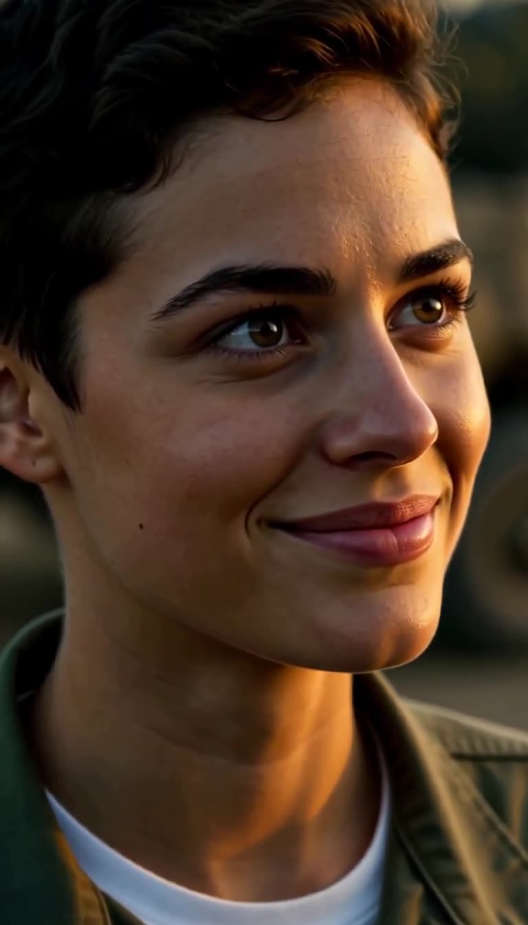 Same young soldier forming a subtle confident smile while holding a steady gaze