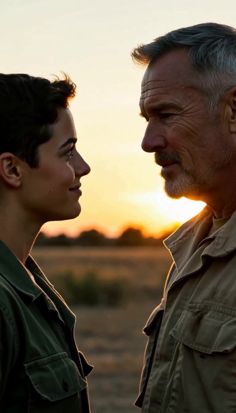 Young soldier and older sergeant in profile facing each other closely at sunset outside a hangar