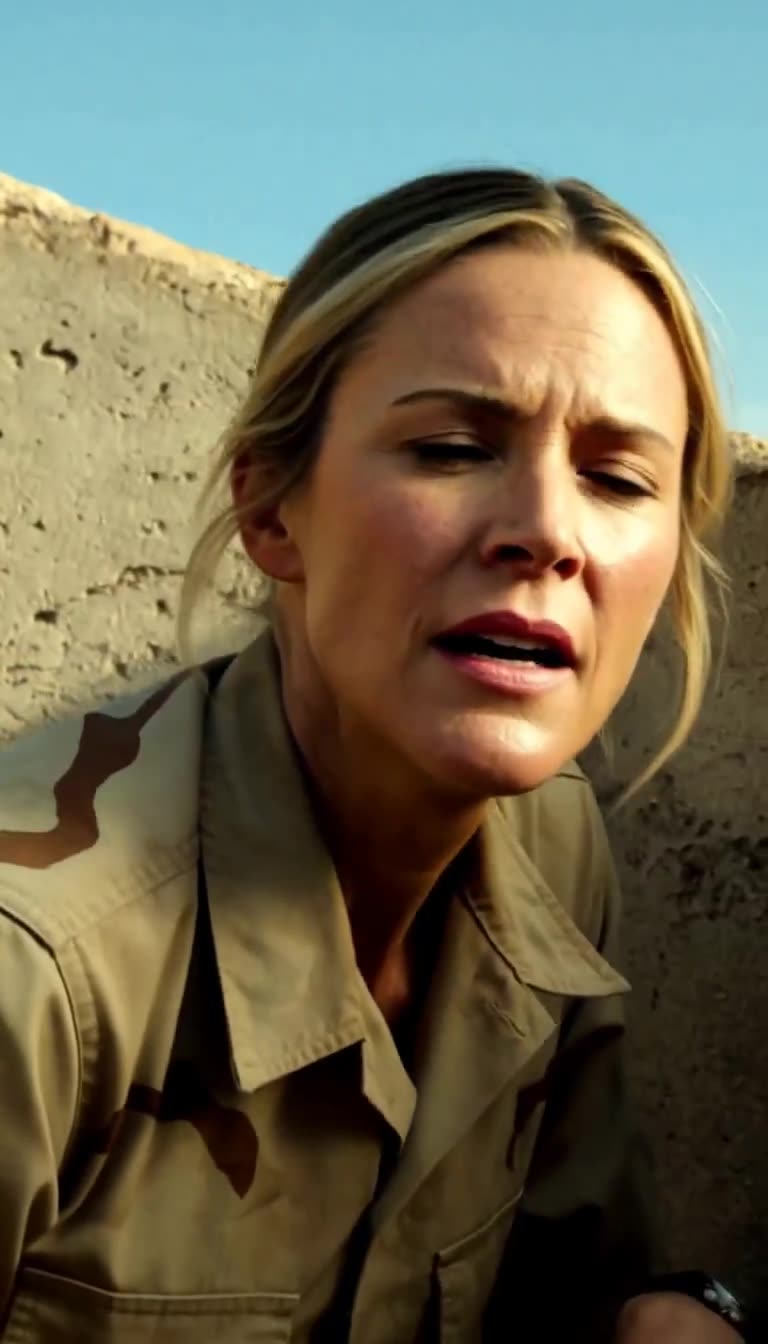 Close-up of female officer in desert camouflage crouching against a concrete barrier with a worried expression