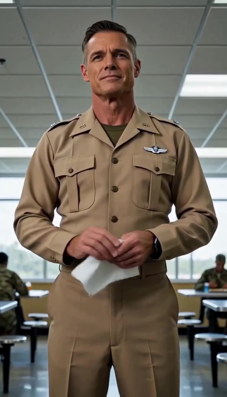 The senior officer standing upright in the middle of the mess hall holding a napkin after the confrontation