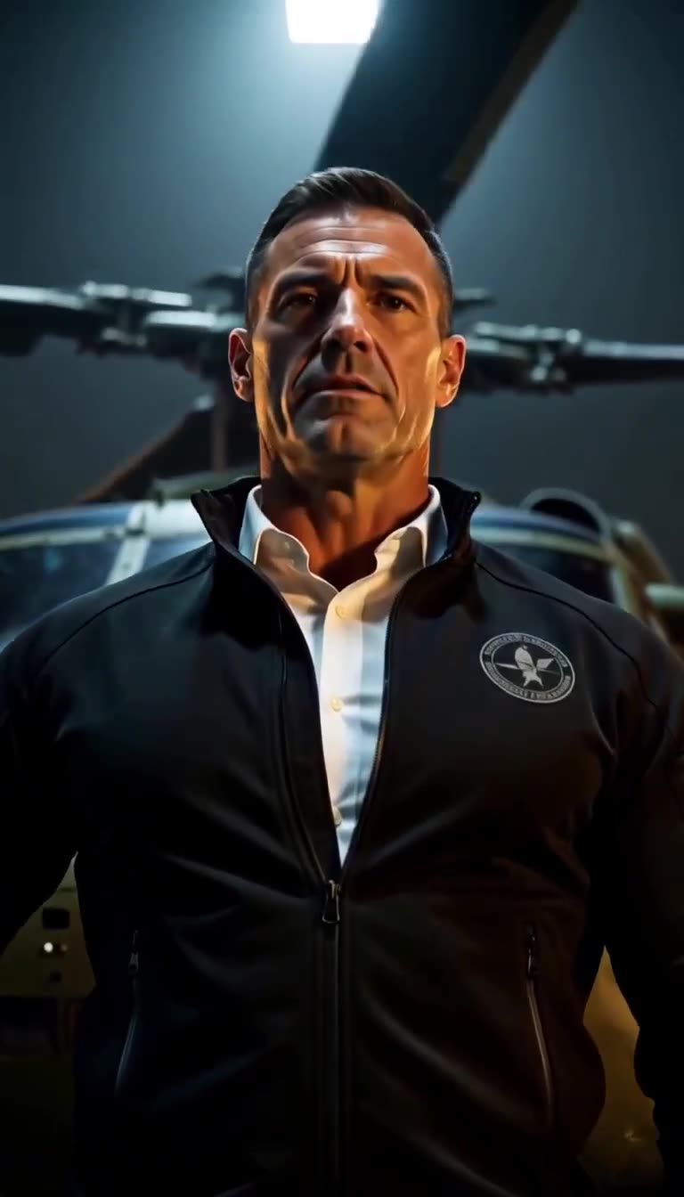 A stern man in a dark zip-up jacket over a white shirt standing in front of a helicopter at night