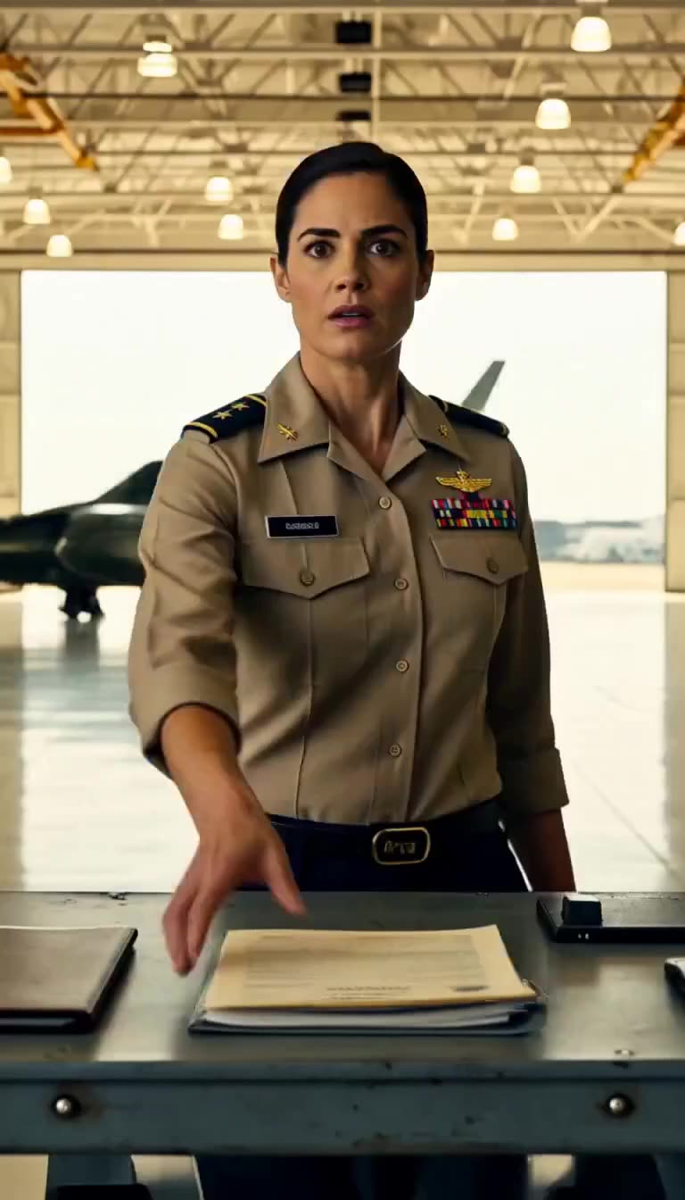 Female colonel in uniform pointing at documents in hangar