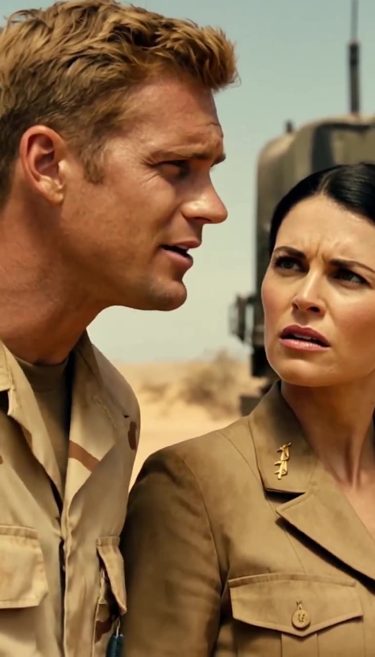 Fictional soldiers Marcus and Sarah in tan desert uniforms looking anxiously toward Cross while taking cover