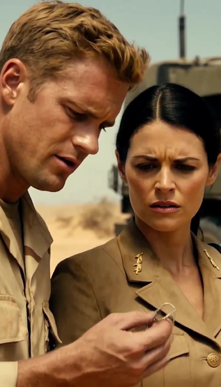 Marcus holding up a small metal dog tag chain toward Sarah as they both look at it with tense expressions