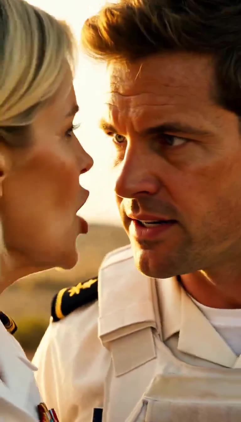 Intense face-to-face close-up of fictional female officer and male soldier in golden sunlight
