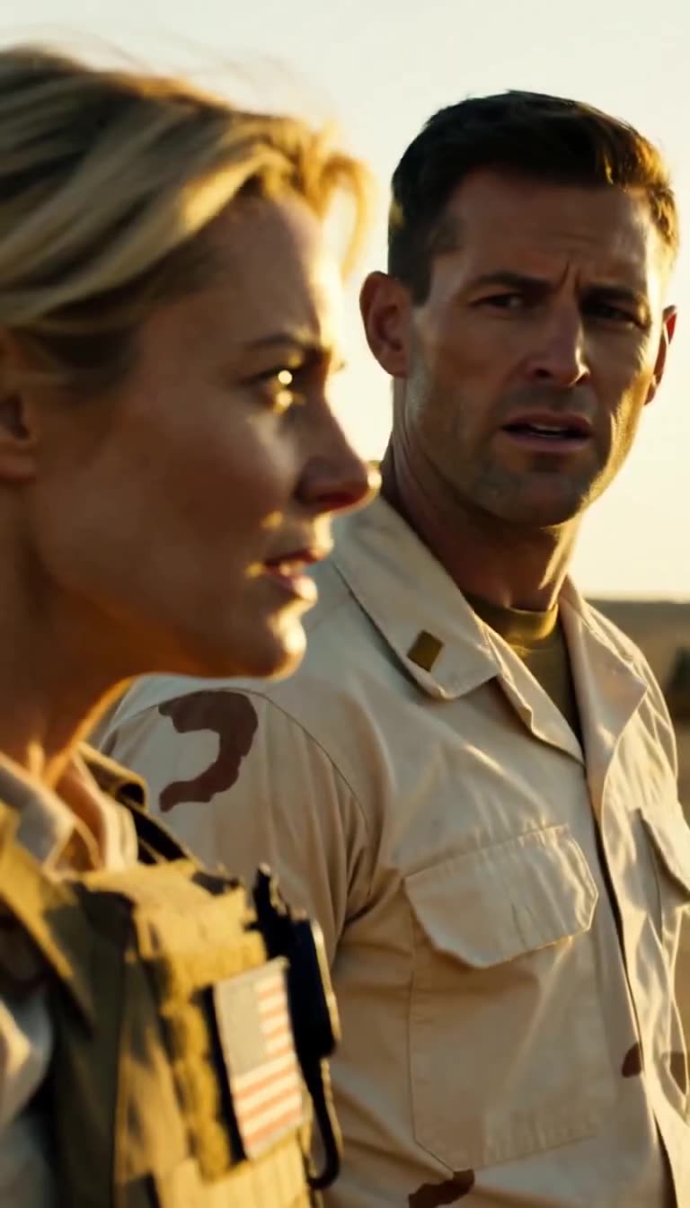 Male soldier in desert uniform turning with a confused, tense expression while the female officer looks forward