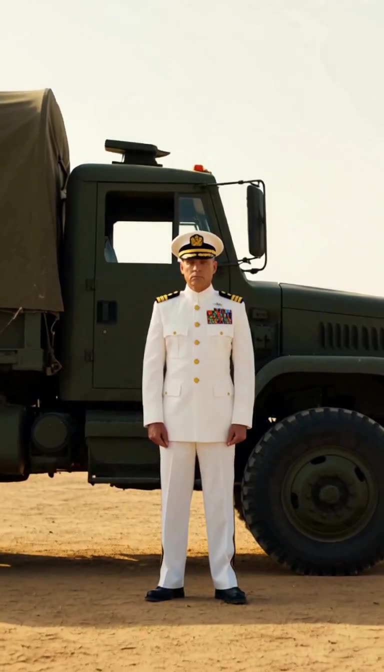Tall senior officer in a white dress uniform standing motionless alone in front of a large military truck in the desert