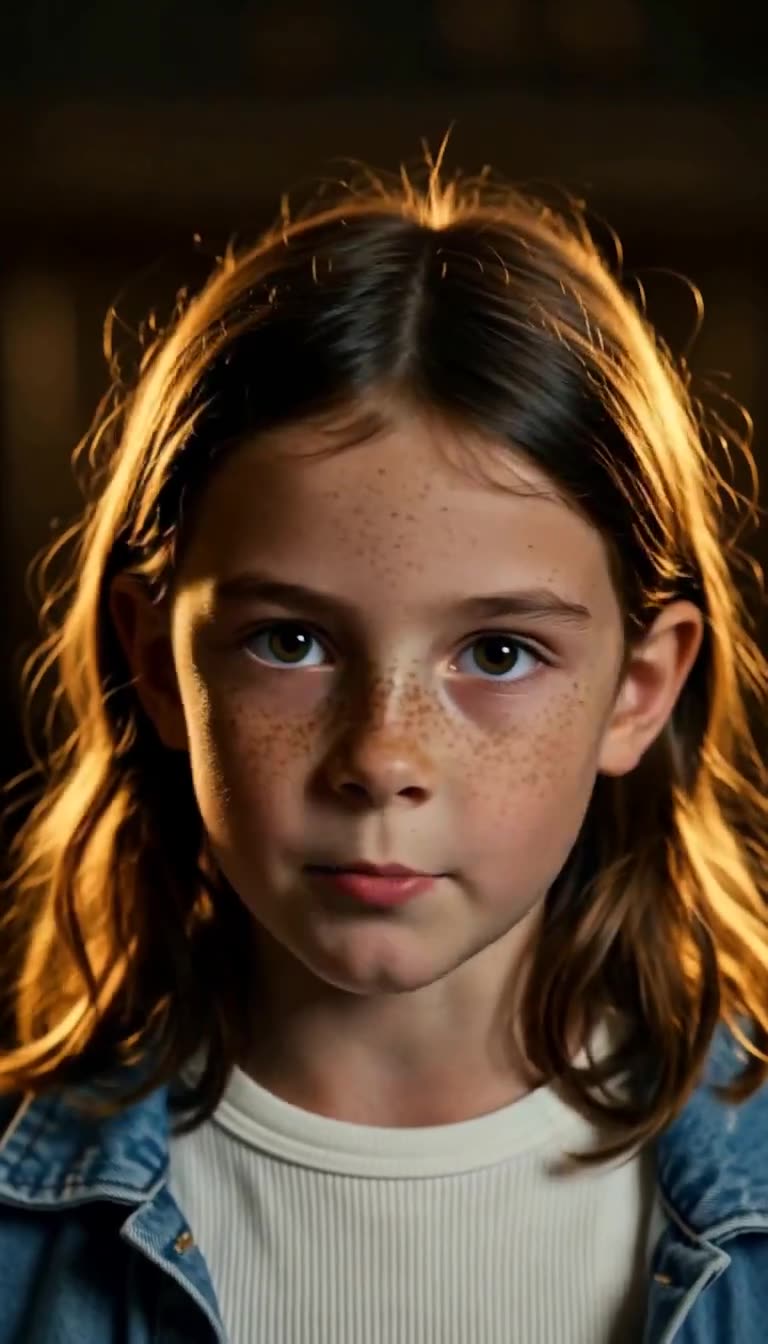 Extreme close-up of young freckled girl with brown hair staring directly and resolutely into the camera