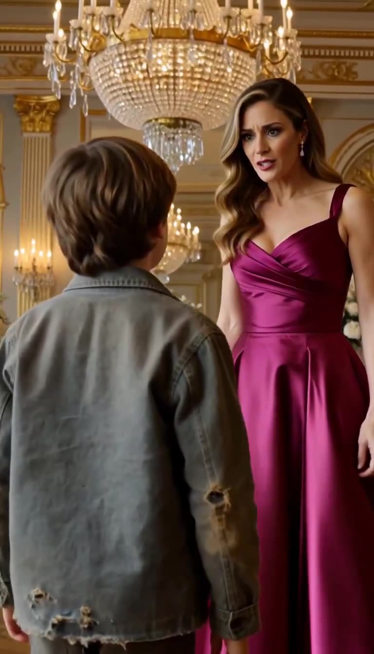 The woman in the magenta gown turns with a surprised expression to face the boy in the ballroom