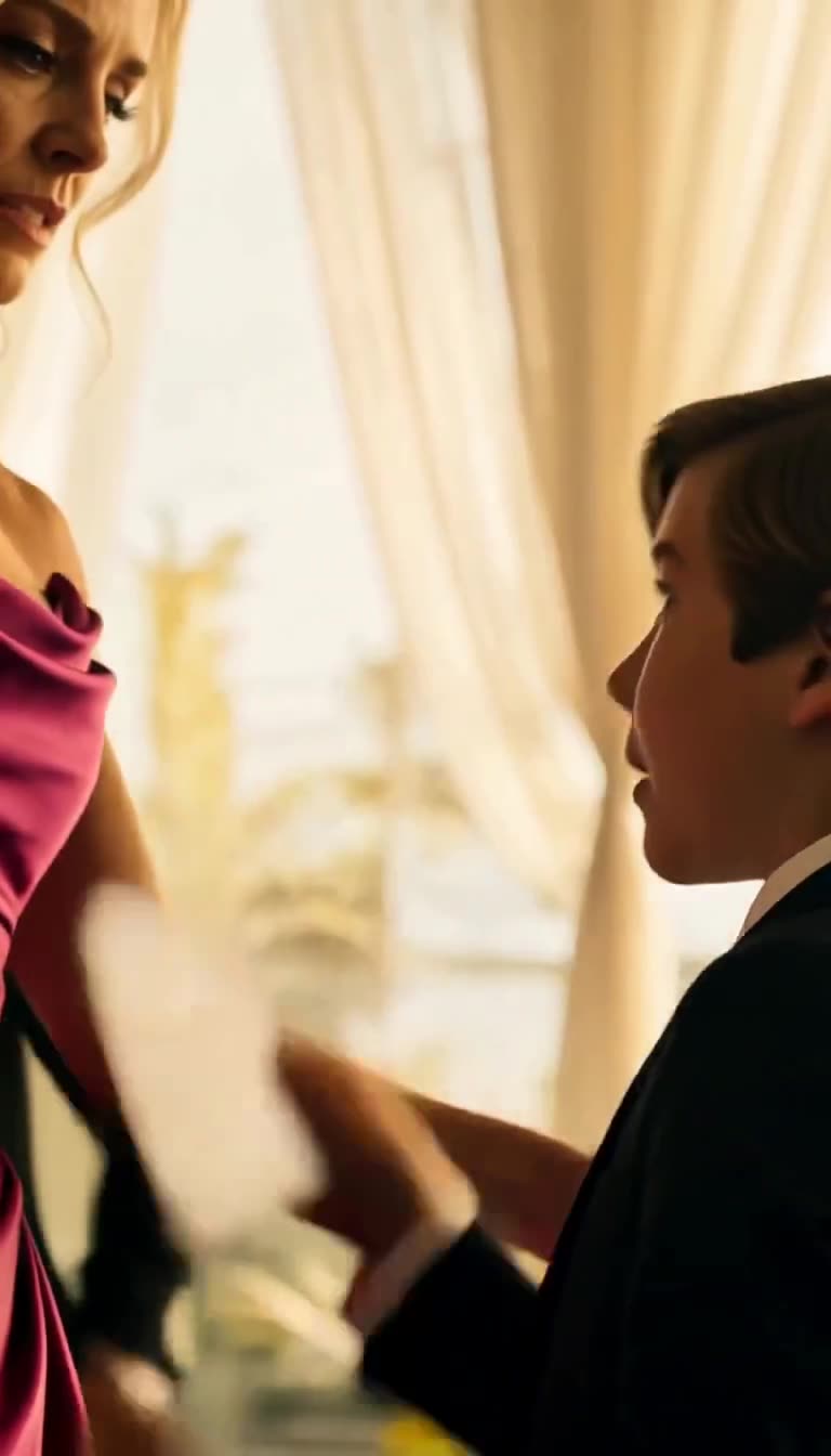 Side view of a young boy handing a white envelope to the woman in magenta near bright sheer curtains