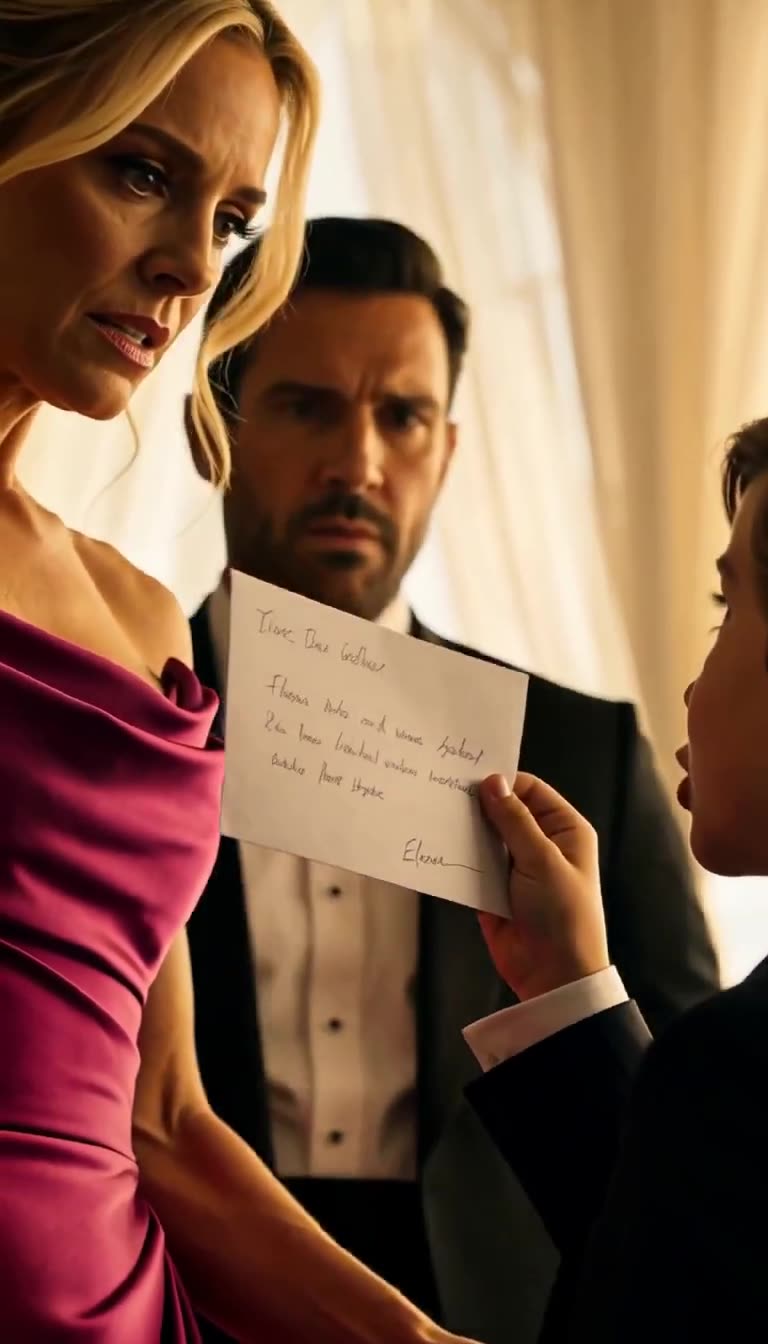 Boy holding up a handwritten letter signed Elena toward the woman while the man in a tuxedo stares intensely from behind
