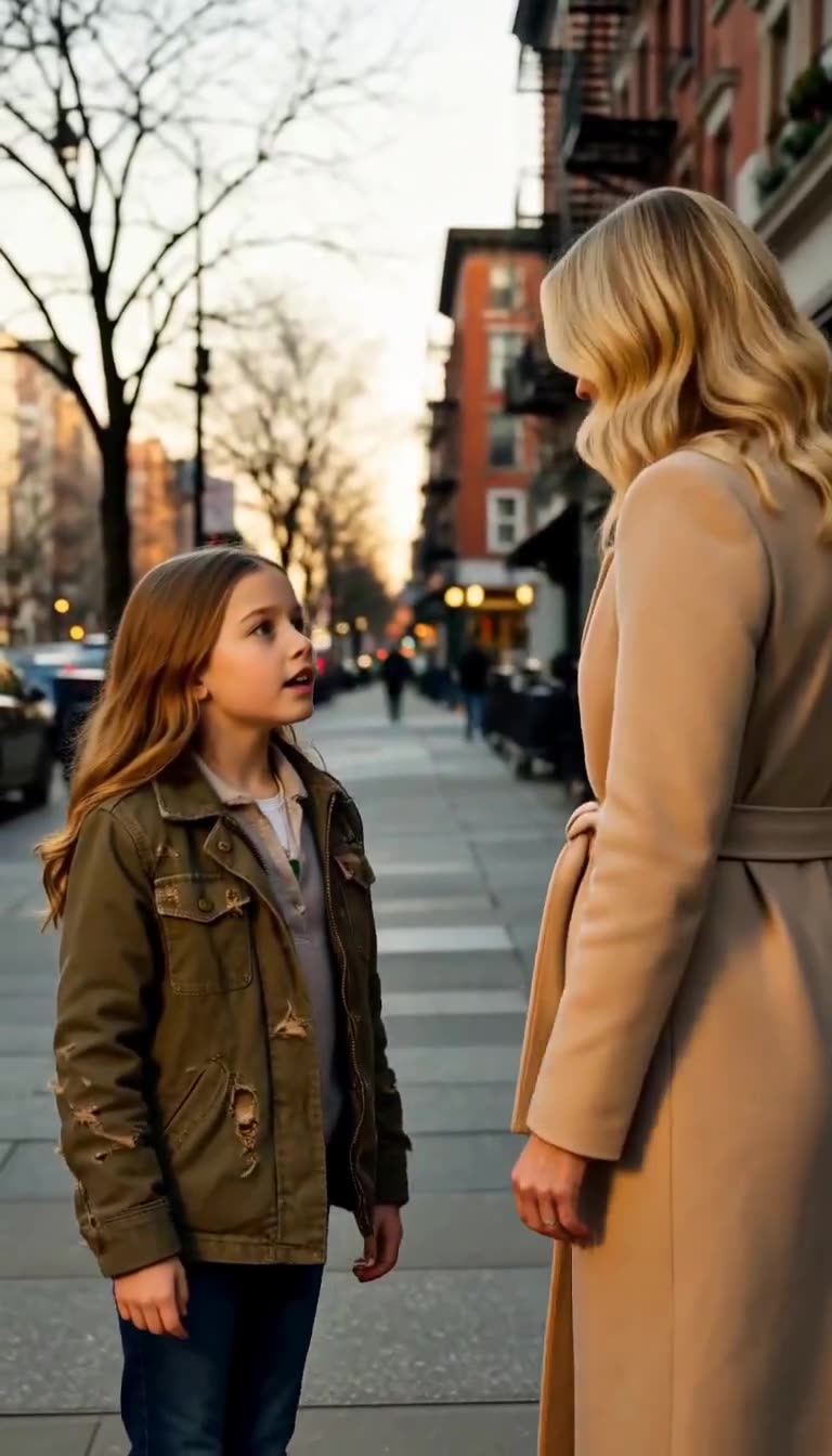Young girl in a worn olive jacket standing face-to-face talking to the blonde woman on a sunset sidewalk