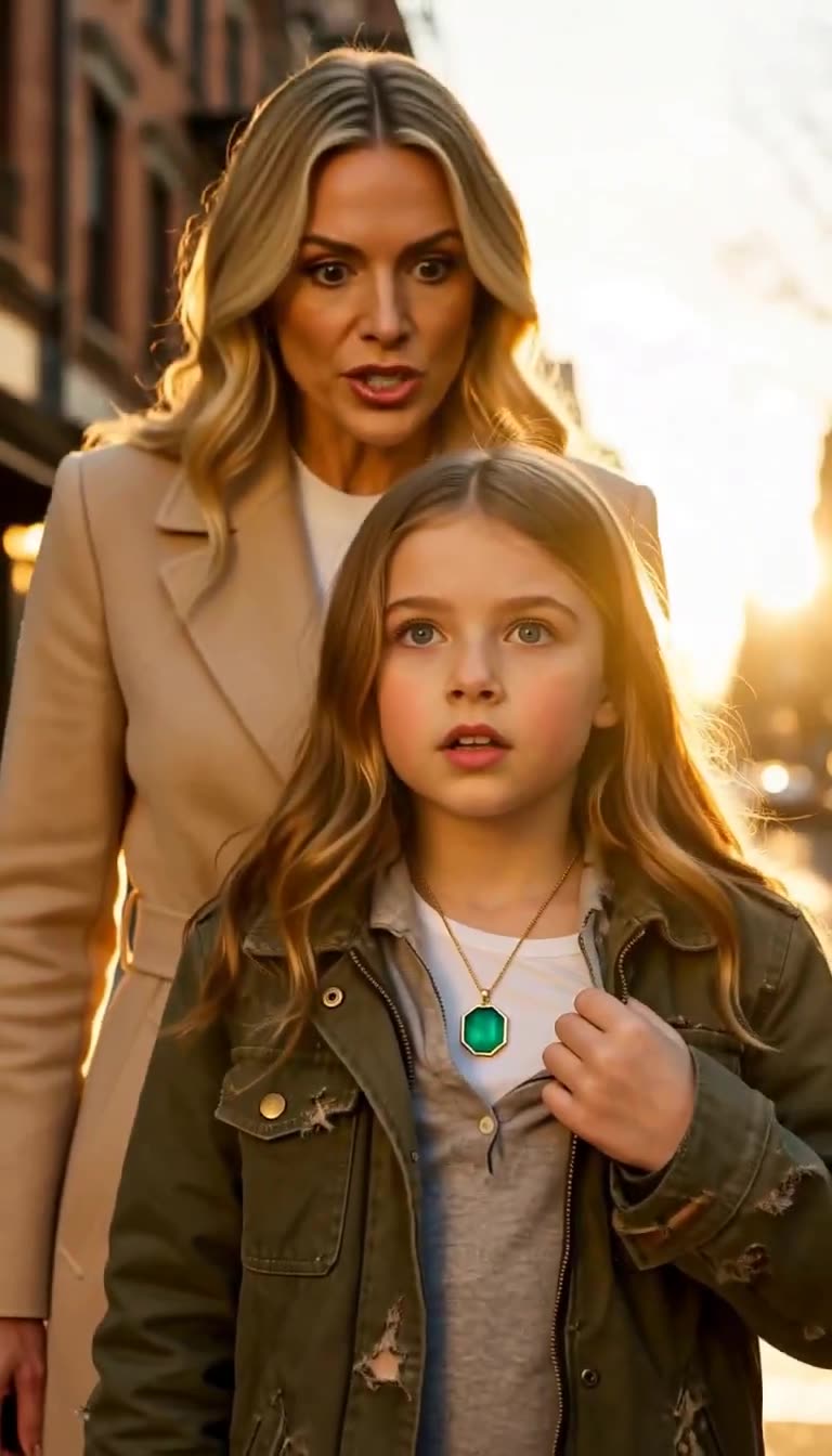 Close-up of the young girl holding out a hexagonal emerald pendant while the blonde woman behind her looks shocked