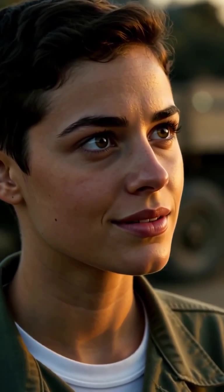 Side profile of a short-haired service member in uniform looking up in warm sunset light