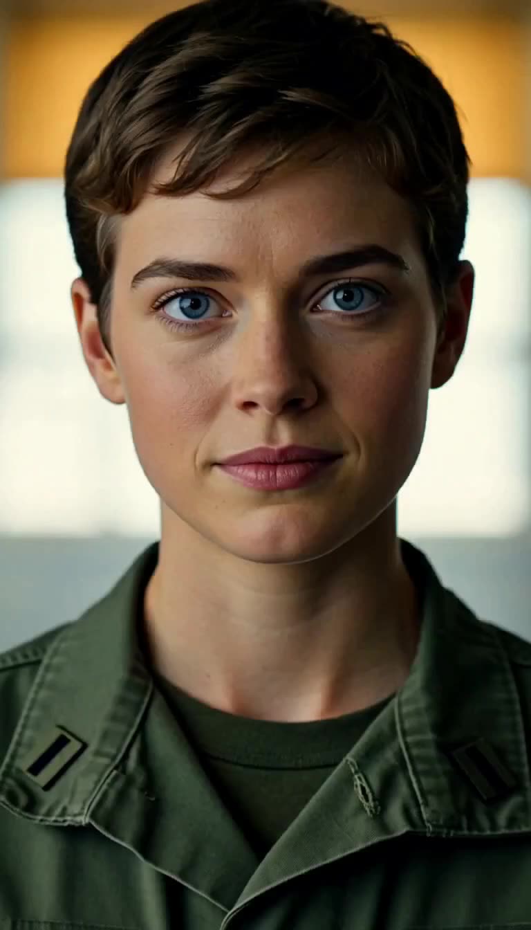 Short-haired young officer staring with calm blue-eyed resolve