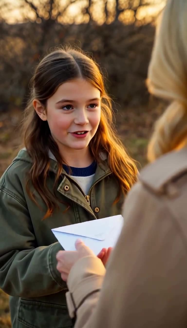 Close view of the girl handing the white envelope to the woman's outstretched hand