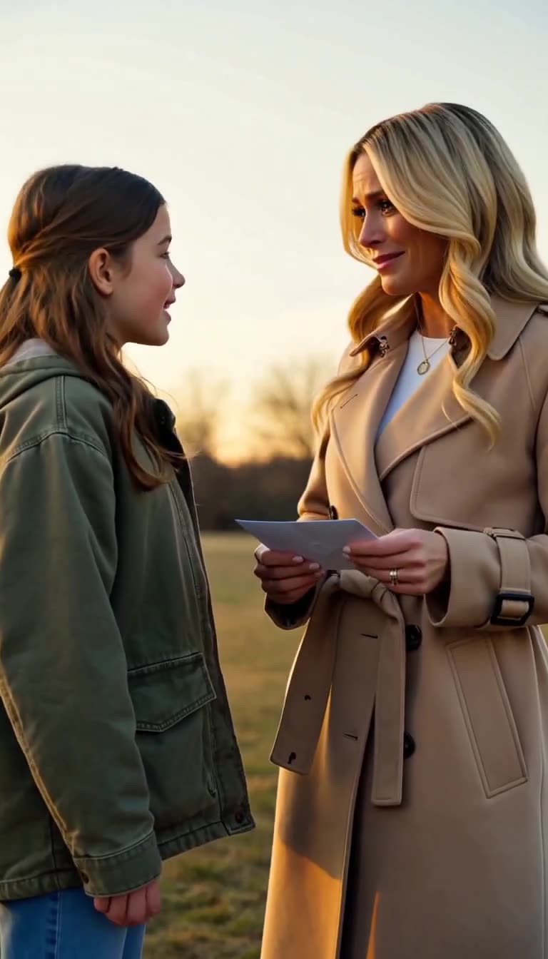 The blonde woman holding the envelope with both hands looking emotionally at the smiling girl in a field at sunset